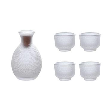 Imagem de Conjunto de saquê, garrafa de saquê de vidro transparente, 1 garrafa de saquê transparente, 4 copos de saquê, jarra de saquê fria/quente/quente, conjunto especial de presentes japoneses, A