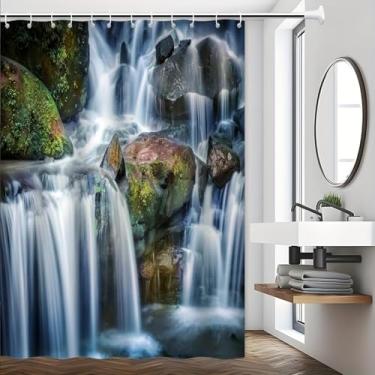 Imagem de Cortina de chuveiro cascata de cachoeira com pedras musgosas exuberante cena de floresta verde decoração de banheira de banheiro 12 ganchos tela de banho 72 x 79 pol. -182 x 200 cm/LxA