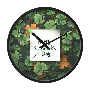 Imagem de SEHANY Relógio de parede Green Clover, silencioso, sem tique-taque, relógio redondo operado por bateria, controle de som, luz noturna, relógios de parede para sala de estar, cozinha, quarto