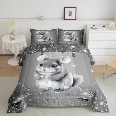 Imagem de Erosebridal Conjunto de edredom queen de chinchila, prata, lantejoulas, arte fluida, conjunto de cama de diamante de cristal, animais fofos, conjunto de colcha kawaii, adorável vida selvagem,