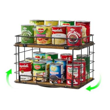 Imagem de Organizador giratório de 360° para despensa, organizador de latas Lazy Susan de 2 camadas comporta até 26 latas de refrigerante, arame de metal e prateleira de madeira com armazenamento de toca-discos