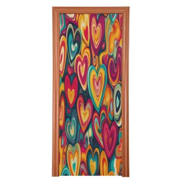 Imagem de ATTX Capa de porta frontal de corações coloridos - Decoração de férias de tecido elástico lavável para festas, casa, decoração de porta da frente, 36 x 98 polegadas (374)