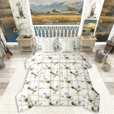 Imagem de Erosebridal Conjunto de edredom de ganso selvagem com 7 peças, solteiro, gansos voadores, xadrez, para meninos, meninas e meninas, animais de caça, rústico, fazenda, campo, cinza claro
