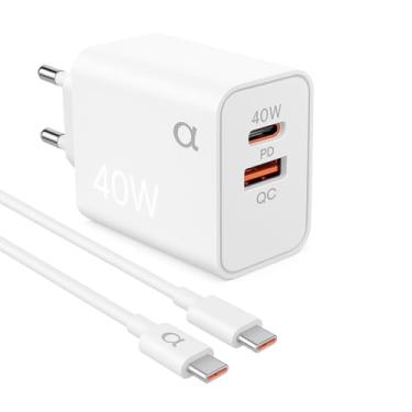 Imagem de Carregador Ultra Rápido Turbo 40W, 2 Portas USB-C e USB-A, Bivolt 100-240V com Cabo USB-C, Carregamento Rápido para iPhone 15, Ideal para Smartphones, Tablets e Notebooks