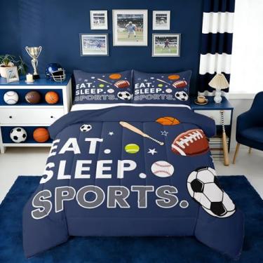 Imagem de Erosebridal Jogo de cama infantil Queen com tema esportivo, basquete, beisebol, futebol, bola e bola azul marinho