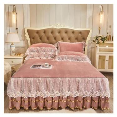 Imagem de Conjunto de saia de cama de veludo de cristal bege luxuoso bordado de renda com babados, capa de colchão macia e quente, fronhas de cama de luxo em uma bolsa (F 3 peças design 180 x 200)