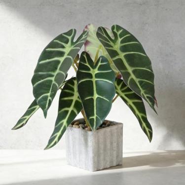 Imagem de Muhanjia Planta artificial em vaso, vegetação sintética realista em vaso quadrado decorativo com aparência de cimento para centros de mesa de decoração de interiores (Alocasia)