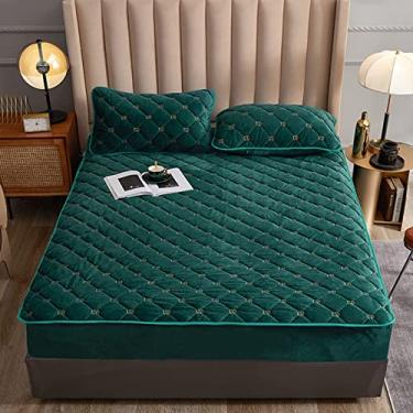 Imagem de Protetor de colchão, capa de colchão acolchoada de veludo leite, lençol com elástico profundo com duas fronhas, protetor de colchão quente outono inverno cor sólida, marrom, queen (rei verde)