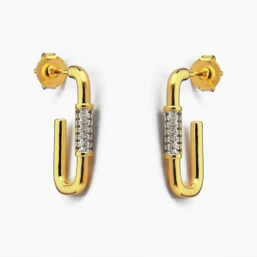 Imagem de Brinco De Argola Retangular Com Parte Cravejado Em Zircônia Banhado Em Ouro 18k