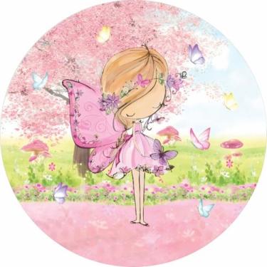 Imagem de Painel de Lona Redondo Fadinha Borboleta Jardim Aquarela - Fabrika De 