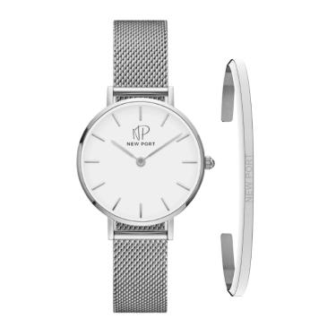 Imagem de Relógio de Pulso Prateado Feminino Minimalista 32mm + Bracelete New Port