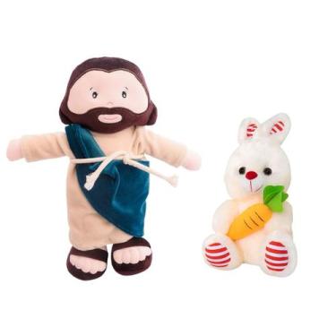 Imagem de Kit Boneco Jesus de Pano Antialérgico Religioso + Coelho de Pelúcia Br