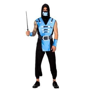 Imagem de Fantasia de Ninja Adulto Azul Roupa Samurai Masculina Completa - Fanta