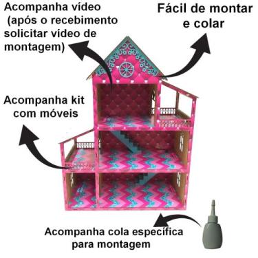 Imagem de Casa Para Bonecas Adesivada Com 36 Mini Moveis Casinha Decorada - Casa