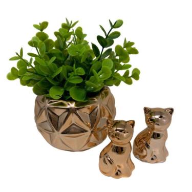 Imagem de Kit decorativo vaso geométrico rose gold e dois gatinhos