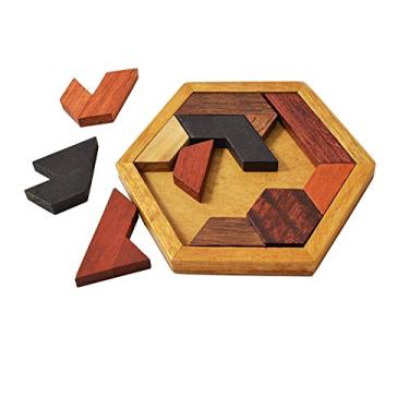 Imagem de KINGZHUO Hexagon Tangram Quebra-cabeça de madeira chinês clássico feito à mão para crianças e adultos e quebra-cabeças de desembaraçamento