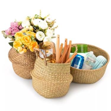 Imagem de Cesto de Palha Vaso Cachepot Decorativo Tam Grande com Alça