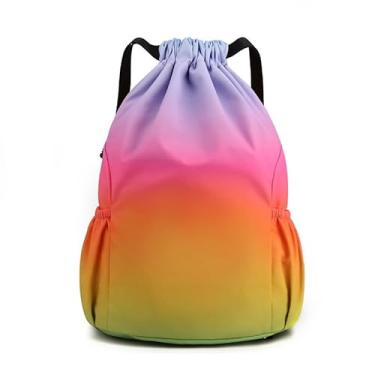 Imagem de Bolsa com cordão, mochila leve com suporte para garrafa de água e bolsos, mochila esportiva de ginástica, Arco-íris, Large, Esportes
