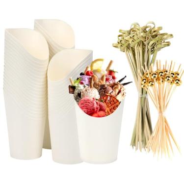Imagem de Moretoes 60 peças de copos de charcutaria de 340 g com palitos, 200 palitos de coquetel, copos brancos de 340 g para batatas fritas, copos descartáveis de aperitivos de papel kraft, copos de