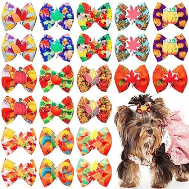 Imagem de JpGdn 24 peças/12 pares de laços de cabelo de cachorro outono com faixa de borracha folhas de outono padrão de bordo carvalho abóbora para meninas coelho filhote de cachorro poodle nó de cabelo