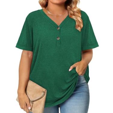 Imagem de Blusas femininas de verão modernas com botões e gola V, blusas de manga curta, túnicas soltas casuais para negócios, Verde, XXG