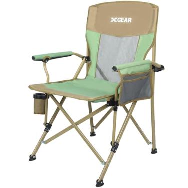 Imagem de XGEAR Cadeira de acampamento de tecido verde cáqui com tecido de malha respirável com suporte de copo para descanso de braço e bolsa de transporte portátil