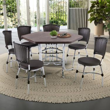 Imagem de Conjunto Sala de Jantar Mesa Sextavada com 6 Cadeiras Brastubo Cromado/Amadeirado Escuro/Café News