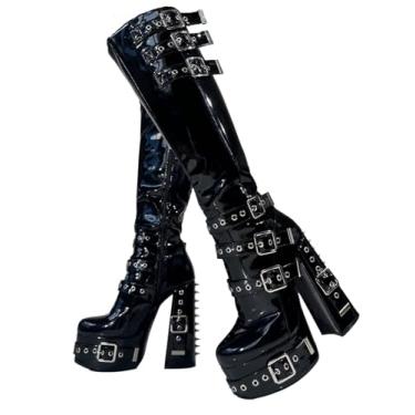 Imagem de Frankie Hsu Botas góticas sensuais de salto alto com plataforma grossa, rebites prateados envernizados pretos com várias fivelas góticas, punk Y2K Hot Girl, tamanho grande, sapatos de panturrilha