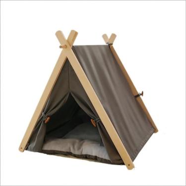 Imagem de Cama de ninho de gato tendas para gatos internos barraca de brincar camas grandes Canil de cachorro removível e lavável Four Seasons Pet Nest Cathouse removível de madeira maciça, bege, cinz