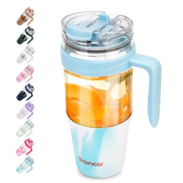 Imagem de Copo de vidro Tronco 1,2 l com canudo e tampa, copo com canudo articulado à prova de vazamentos, com alça, cabe no porta-copos, sem BPA, próprio para lava-louças (azul-celeste mesclado)