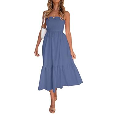 Imagem de ZESICA Vestido feminino de verão, tomara que caia, sem mangas, cintura alta, cor lisa, vestido longo de praia, Azul empoeirado, GG