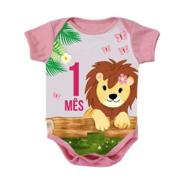 Imagem de Body de Bebê Manga Curta Mesversario Primeiro Mês Safari Rosa - Calupa