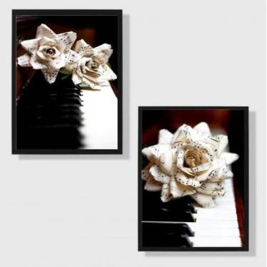 Imagem de Kit 2 Quadros Rosas Com Partitura E Piano 45x34cm - Quadros On-line, M