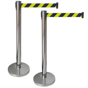 Imagem de 2 x Pedestal Separador Organizador de Fluxo Cromado Com Fita Retrátil 