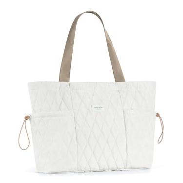 Imagem de Sacola feminina SATIN SAINT com bolsos laterais, bolsa de ombro casual de 16L com ajuste lateral, bolsa de viagem leve acolchoada para faculdade, escritório, trabalho, academia e mercearia, branco