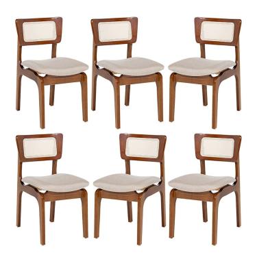 Imagem de Kit 6 Cadeiras de Jantar Portugal em Madeira Imbuia Encosto Tela Rattan Linho Bege M58