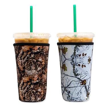 Imagem de Manga de café gelado de neoprene isolado reutilizável | Porta-copos para bebidas frias para café Starbucks, McDonalds, Dunkin Donuts, Tim Hortons e mais, Casual, Brown & White Camo, 2 PK Large 32oz, 2
