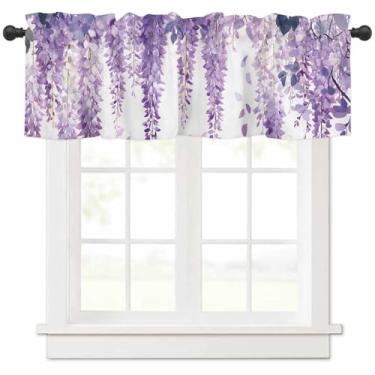 Imagem de Cortina de saia roxa Flowrs roxo pmbre floral curto cortinas, flor roxa primavera lavanda tratamento de janela para cozinha varão bolso cortina para banheiro quarto sala de estar 137.2 cm L x 45.7 cm