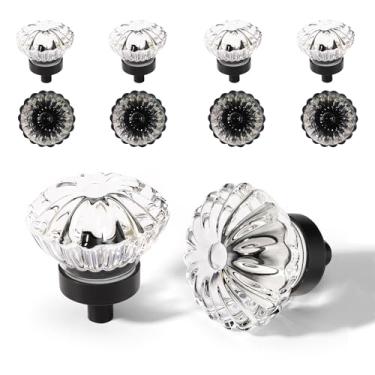 Imagem de Puxadores de armário de cristal de flores, pacote com 8, base preta fosca e cristal transparente pequeno puxador para armário cômoda gavetas, armário, guarda-roupa, puxadores retrô de liga sólida