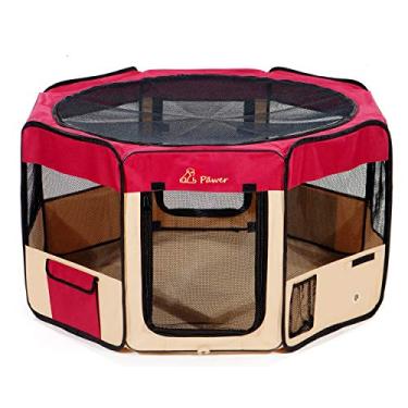 Imagem de Caneta dobrável para animais de estimação de 12 cm × 61 cm, caneta dobrável com 8 painéis, bordô + bege, peça de tecido extra personalizada disponível, para gatos/cães/filhotes, tecido Oxford 600D portátil para ambientes internos e externos com bolsa de transporte