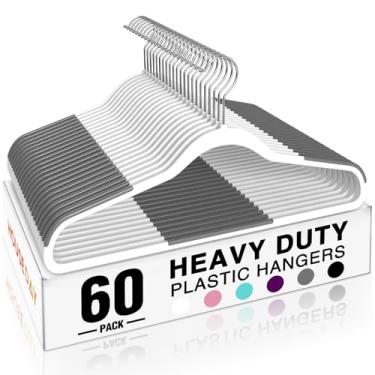 Imagem de HOUSE DAY Cabides de plástico resistente, pacote com 60, cabides antiderrapantes com almofadas de borracha e gancho de 360° – cabide fino de 0,5 polegada, branco, organizador de armário para camisa,