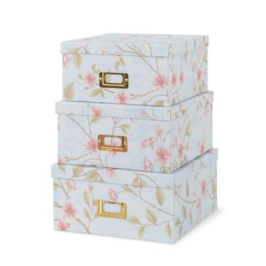 Imagem de Soul & Lane Caixas decorativas de papelão – Conjunto de 3 caixas empilháveis quadradas com tampas e suportes de etiquetas douradas, armazenamento de fotos para decoração e organização, azul claro