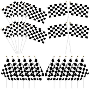 Imagem de Bandeiras xadrez, 200 peças de bandeira quadriculada de corrida em bastões preto e branco mini bandeiras de carro de corrida de mão com varas de plástico para decorações de festa