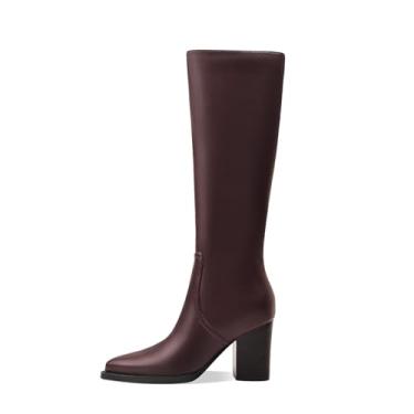 Imagem de MOTIMODEN Botas de cano alto femininas retrô salto grosso bico fino pull on clássico botas de cano alto para mulheres meninas senhoras retro bota alta inverno outono moda bota, Vermelho vinho, 6.5
