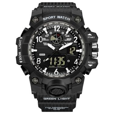 Imagem de findtime Relógio digital feminino à prova d'água, relógio de pulso analógico, tático, militar, com alarme luminoso, cronômetro, relógio de pulso com horário duplo, Preto, esporte