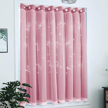 Imagem de RIAAJ Cortina opaca de camada dupla/renda/cortina de estrelas, meia cortina, cortinas para quarto de menina, cortina térmica para quarto/sala de estar/varanda/cortina opaca, 1 peça, rosa W150 x H170