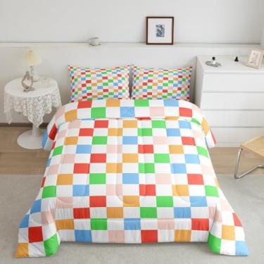 Imagem de Conjunto de edredom infantil geométrico, xadrez, patchwork, tamanho Queen, arte abstrata, quadriculado, decoração de quarto de meninos e meninas, edredom colorido, 2 fronhas