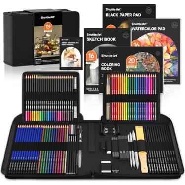 Imagem de Shuttle Art Kit de desenho de 116 peças, suprimentos de desenho profissional com esboço, carvão, colorido, grafite, lápis e bastões pastel, ferramentas de desenho completas e blocos de papel em estojo