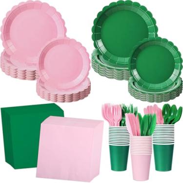 Imagem de Zhehao 168 peças, decoração de festa verde e rosa, pratos de papel rosa e verde, copo, facas, garfo, colher para bruxa, Páscoa, princesa, temática de festa de aniversário, suprimentos descartáveis