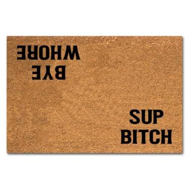 Imagem de Capacho engraçado de coco Sup Bitch Bye Whore Welcome Front Door Porch Decor Capacho para entrada Tapetes personalizados com suporte de PVC resistente, tapete antiderrapante para uso externo, presente